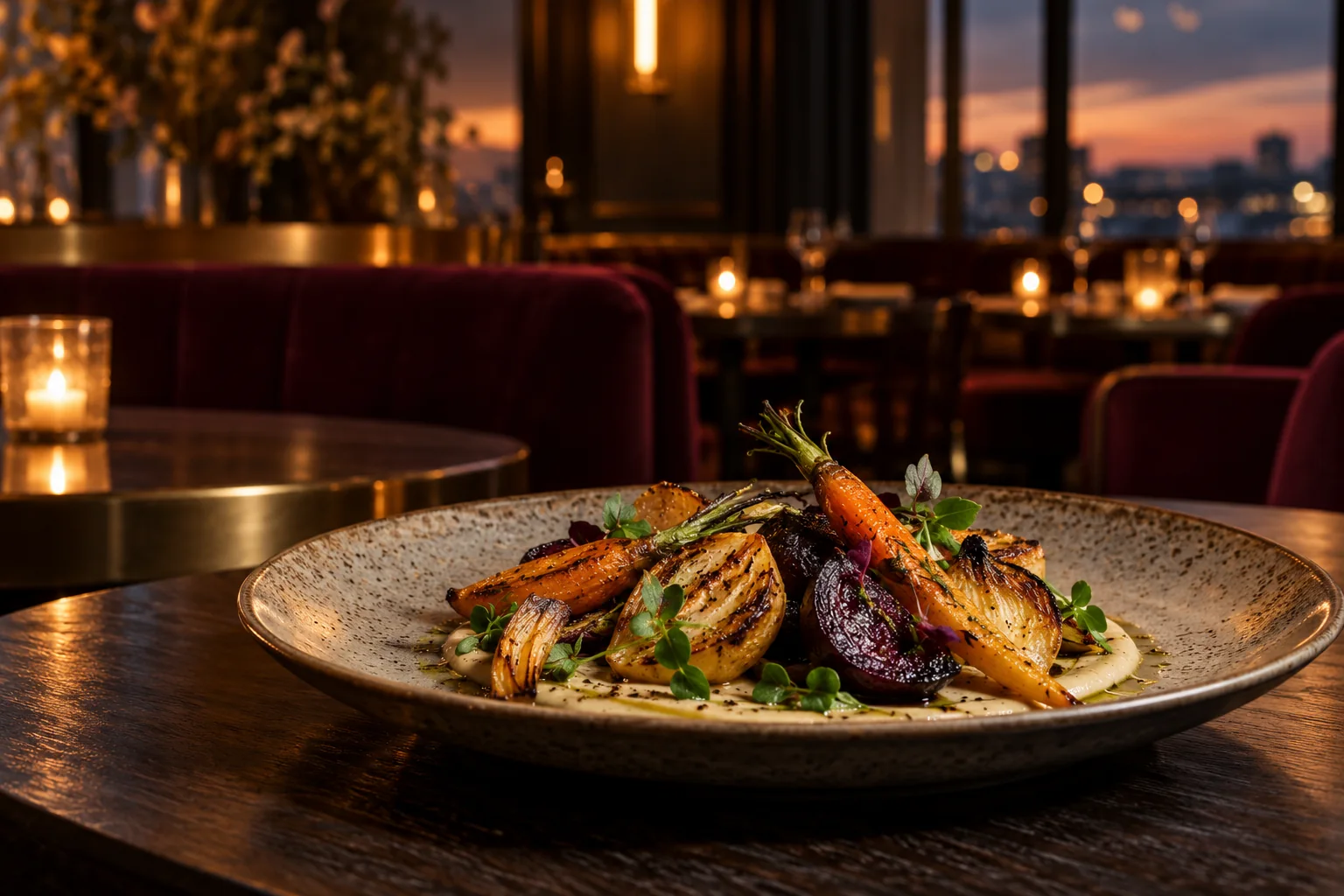 Illustrative refined restaurant plate with seasonal vegetables and a softly lit intimate dining room